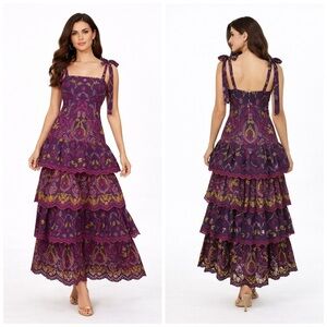 Marchesa Rosa Santal Embroidered Cotton Maxi Dress Tiered Purple Multi Size 4​